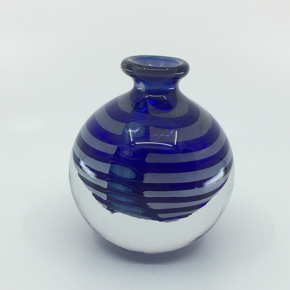 Vintage Cobalt Blue Swirl Glass Vase Paperweight Collectible Art Glass Round - Picture 5 of 10